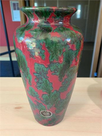 MCM Ceramic Glazed Fat Lava Red & Green Vase By Harris Pottery, Chicago