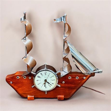 United Sailing Ship Wood & Metal Clock - 15"T