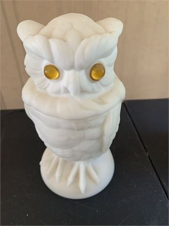 Vintage MCM Imperial Lenox White Milk Glass Owl Candy/Trinket Dish/Covered Jar