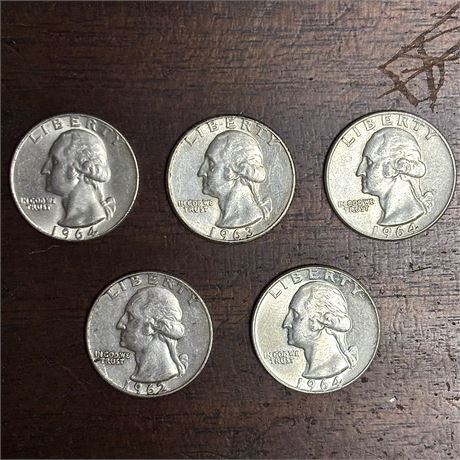 Lot of 5 Washington Silver Quarters 1962-1964