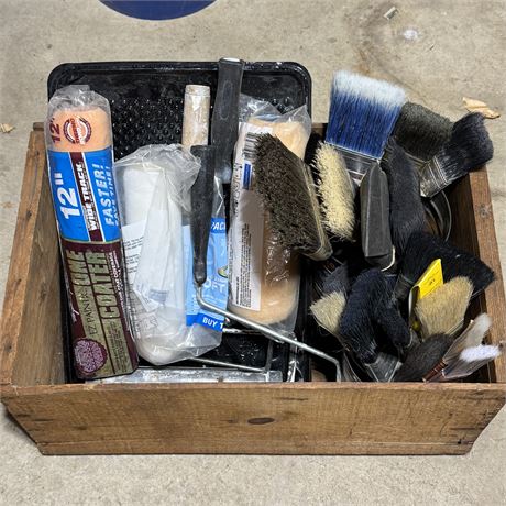 Crate Loaded with Painting Supplies - Brushes, Rollers, Etc.