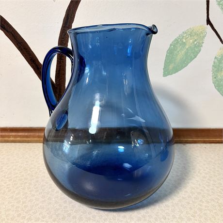 Large Cornflower Blue Artisan Art Glass Pitcher/Vase w/ Applied Handle - 9.5"T