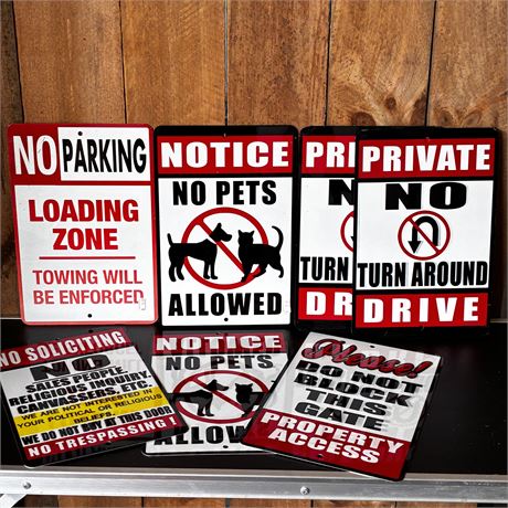 Various Tin Metal Warning and Notice Signs