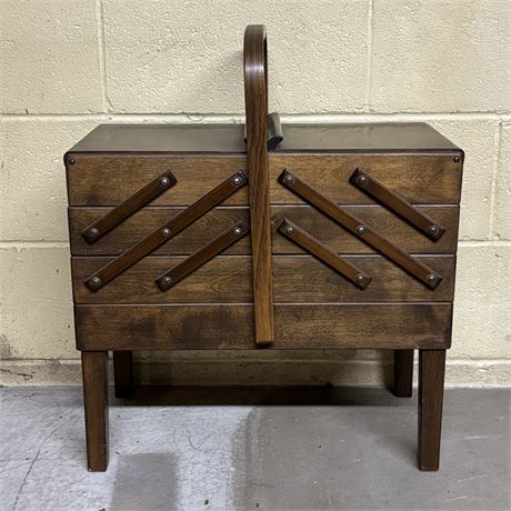 Large Mid-Century Accordion Style Wooden Sewing Box