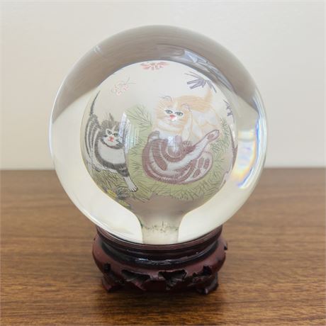 Antique Reverse Painted Cat Kitten Scene in Glass Globe on Stand