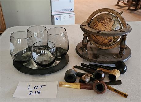 Vintage Globe Pipe Holder & Pipes & NFL Browns Tumblers