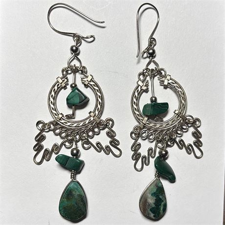 Handcrafted Malachite Sterling Silver Dangle Earrings