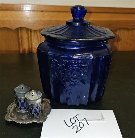 Anchor Hocking Cobalt Blue Lidded Biscuit Jar , Salt&Pepper Set