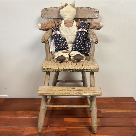 Antique Wooden High Chair and Handmade Cloth Cats