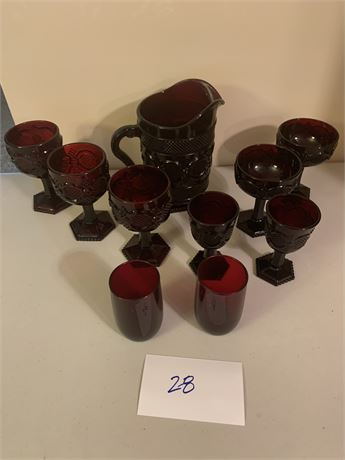 Avon Cape Cod Ruby Red Glassware Set Pitcher Goblets Tumblers Wine Glasses