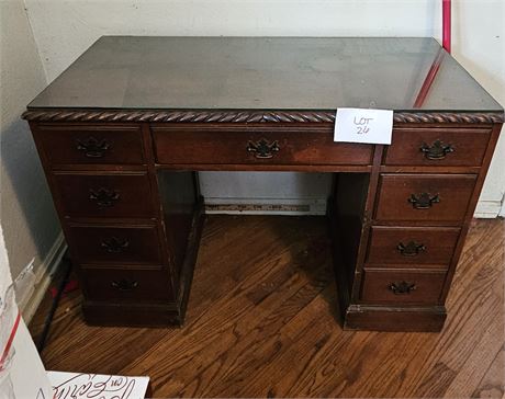 Vintage Wood Desk With Glass Protector