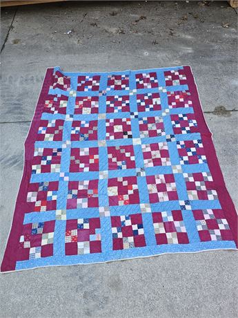 Handmade Quilt Country Blue, Burgundy & White Square Pattern