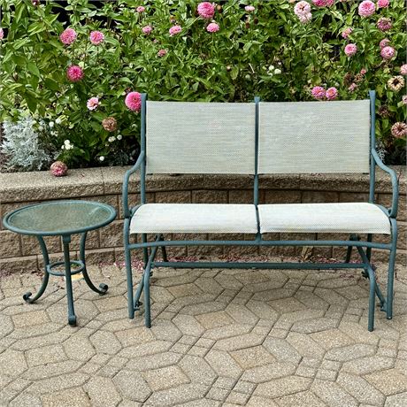 Brown Jordan Patio Glider and Matching Glass Top Side Table