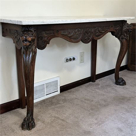 Antique Carved Lion Head Marble Top Console Table