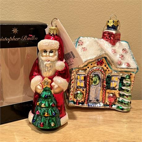 Radko Santa with Original Box & Blown Glass Gingerbread House Ornaments