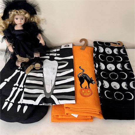 New Halloween Decor! - Apron, Oven Mitts, Hand Towels & Cracker Barrel Doll