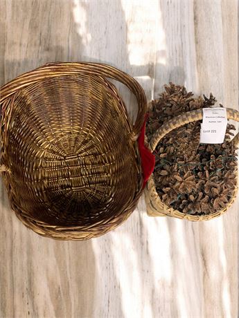Vintage Hand Woven Willow Wicker Basket & Small Artisan Basket W/Pinecones