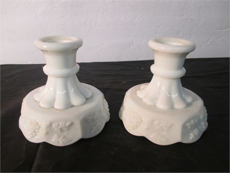 Pair 4"  Indiana Glass Grapevine White Milk Glass Candlesticks