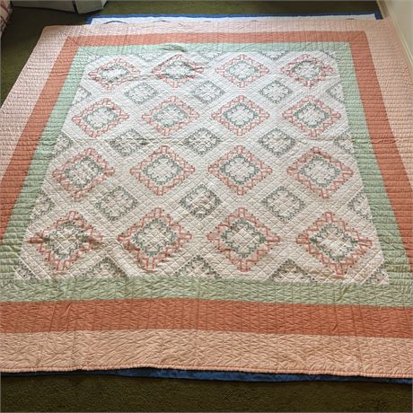 Vintage Hand Stitched Peach/Mint Square Quilt - Approximately 88 x 98"