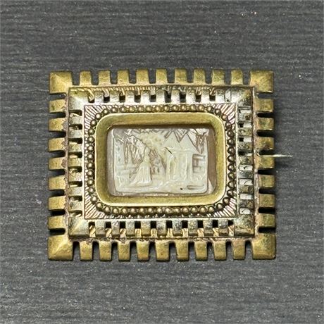 Antique Carved Shell Cameo in Unique Frame-Like Brooch Setting - 1.5"