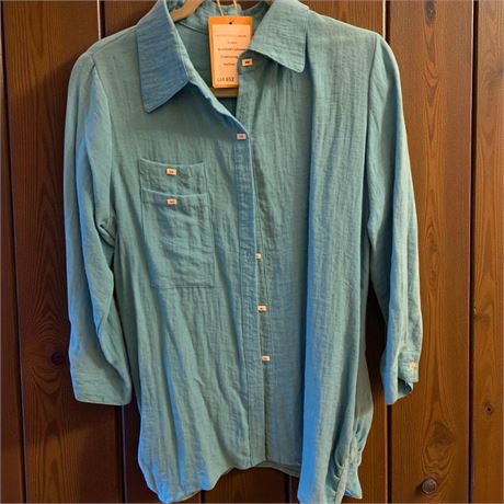 I.C. By Connie K Blue Gauze Square Button Up 3/4 Sleeve Tunic Shirt