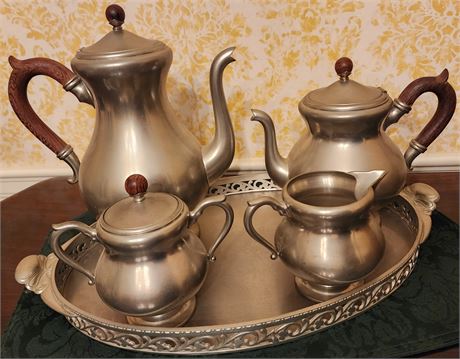 Vintage Royal Holland Complete 5-Piece Tea/Coffee Set~ Pewter w/Wooden Handles