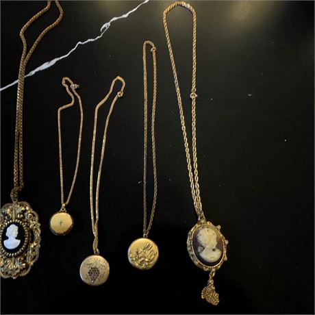 Art Nouveau Gold Locket Necklace With Cattail Design, Cameo Pendant Necklaces