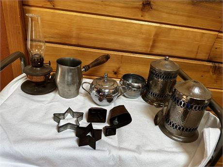 Pewter, Ironware and vtg coffee/tea canisters