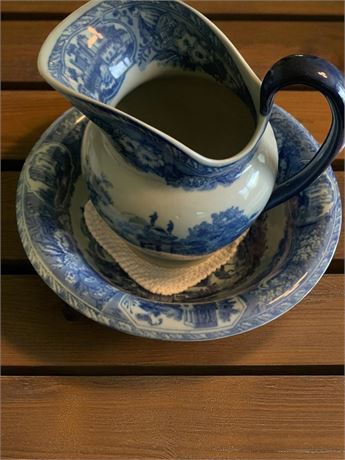 Victoria Ware Ironstone Flow Blue Pitcher & Bowl Set