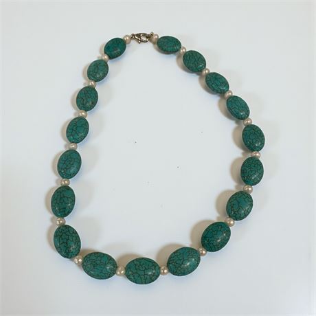 Large Turquoise Bead & Faux Pearl Necklace