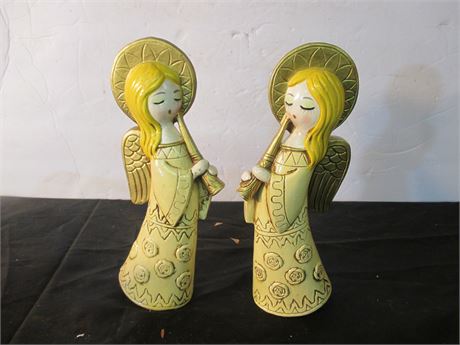 Vintage 2 Ceramic Mid century Oriental Angel Musician Figures 8"