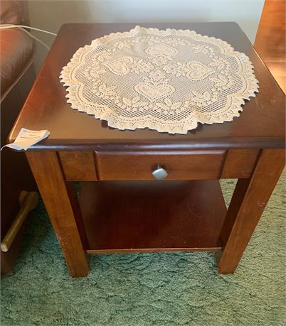 Mahogany End/Side Table With Drawer & White Doily