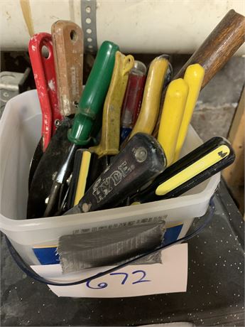 Bucket Of Tools Lot Screwdrivers Wrenches Pliers Scrapers