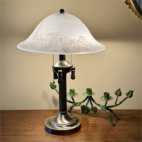 Double Light Satin Glass Shade Table Lamp & Vine Motif Candle Holder
