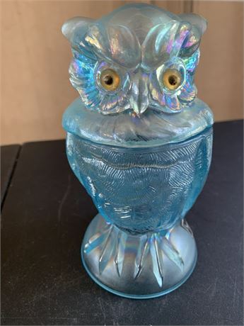 Vintage MCM Imperial Blue Glass Owl Candy Dish/Trinket Bowl/Covered Jar