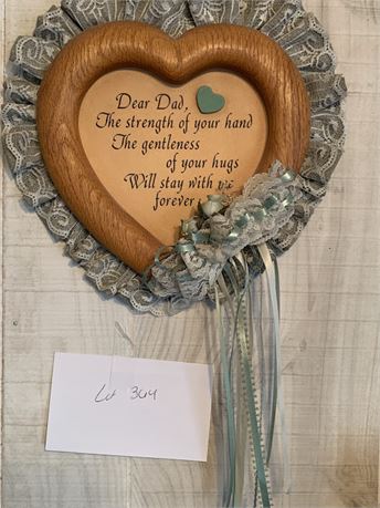 Handmade Dear Dad Poem Heart Plaque Wood Framed With Green Lace Decor & Ribbon