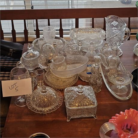 Large Lot of Mixed Clear Glass: EAPG/Pitchers/Lidded Butter/Servers/S&P's + More