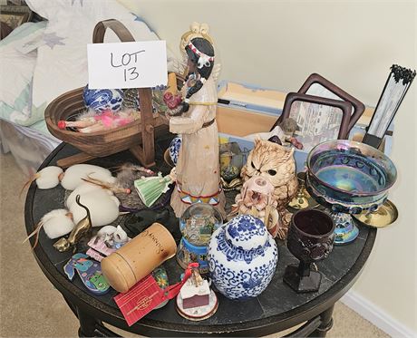 Mixed Decor Lot: Willow Tree, Candle Holders, Indiana Carnival, Avon Cape Cod,