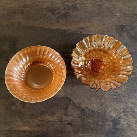 Fire-King Peach Lustreware Serving Bowl & Fenton Coin Dot Marigold Glass Bowl