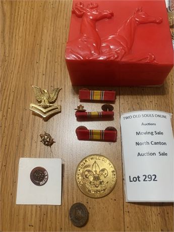 US Navy Petty Officer Pin, Military Ribbons, Boy Scouts of America Medal & More