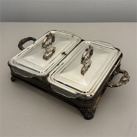 Vintage Silver-Plated Double Chafing Dish, Anchor Hocking Glass Dishes w/ Lids