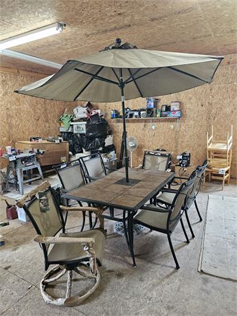 Outdoor Tile Top Table / Umbrella / Chairs & Umbrella Stand