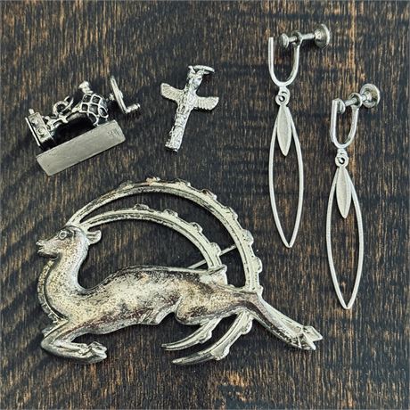 Sterling Silver 925 Bundle w/ Large Brooch, Charms and Dangle Earrings