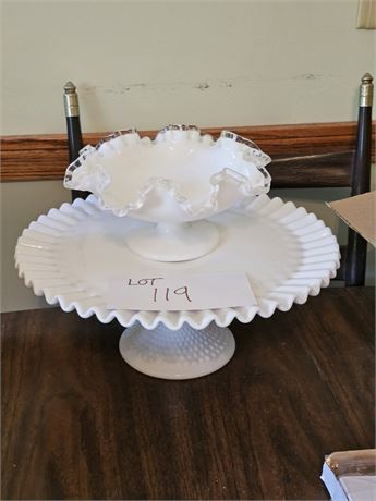 Fenton Milk Glass Cake Plate & Silvercrest Candy Bowl