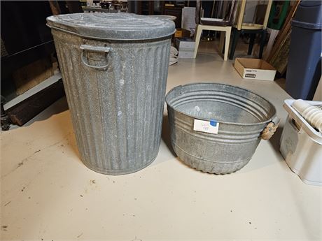 Galvanized Wash Tub & Trash Can