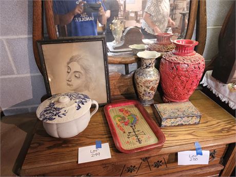 Mixed Vintage Decor Lot:Red Asian Vase/Metal Box/Ironstone Chamber-pot & More