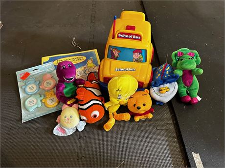 Vintage Radio Shack Bus and plush toys