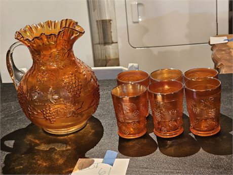 Dugan Carnival Marigold Banded "Grapes & Flowers" Pitcher & Tumblers