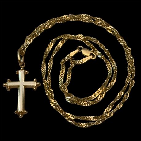 14k Yellow Gold Singapore Chain (22"L) and Cross Pendant - 5 Grams
