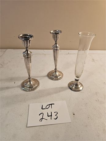 Sterling 8" Candle Sticks & Sterling Base Etched Rose Vase